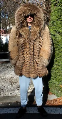 Men's 100% Real Farmer Raccoon Fur Coat Jacket With Hood Coat Outwear 2XL • £720