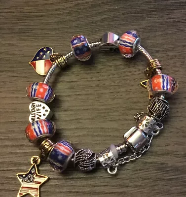 Military Wife Enameled US Flag Bracelet With Star And Heart Charm 7.50” • $21