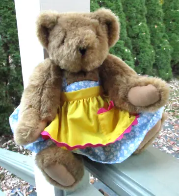 Vermont Teddy Bear Blue Floral Dress Yellow Apron Rickrack Edge Jointed 15  • $20