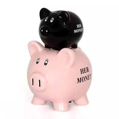 HIS & HERS Ceramic Piggy Bank Coin Jar Money Box Cash Coin Pig Bank Novelty Gift • £11.43