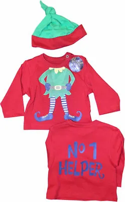 Baby Elf Suit Long Sleeve T-Shirt And Cap 0-3 Months Santa's No 1 Helper • £2.49