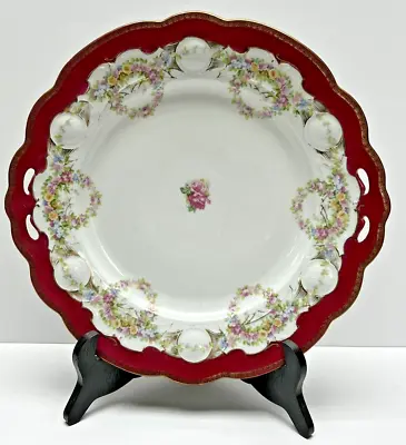 Old Habsburg China MZ Austria Paint Wreath Burgundy Double Handle Plate Platter • $40