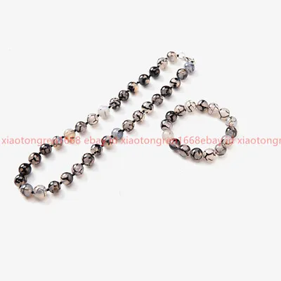$6.99 • Buy Natural 8-12mm Black Dragon Veins Agate Gems Round Beads Necklace Bracelet Set