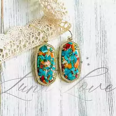 KENDRA SCOTT Elle Gold Drop Earrings In Bronze Veined Turquoise Red Oyster NWT • $66