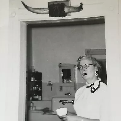 Candid Woman Doorway Drinking Coffee Kitchen Interior Vintage Photo Snapshot • $4.20