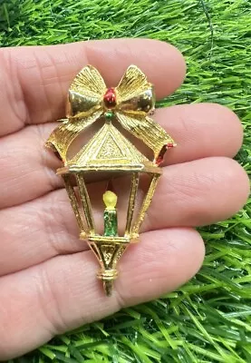 Gerry's Lantern Pin Brooch Vintage Christmas Candle Bow Gold Tone  & Enamel • $7.90