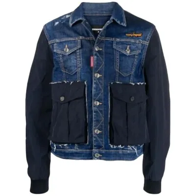 DSQUARED2 Mens Denim Jacket Black Sleeve Stretch Cotton Blue Winter Coat EU 50 • $620.43