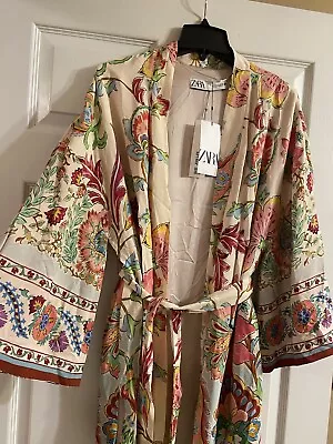 NWT Zara Floral Satin Lined Pink Multicolor Belted Kimono Robe Dress  S Small • $99