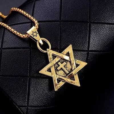 Mens Gold Jewish Star Of David Messianic Cross Pendant Necklace Box Chain 24  • $11.99