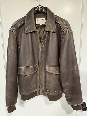 ORVIS Mens Brown Genuine Leather Bomber Jacket Size Large • $80