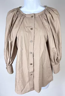 Women's Martin Grant Tan Perfortated 3/4 Puff Sleeve Button Down Top Size 36 • $39.99