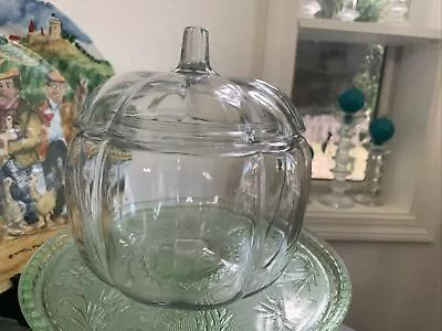 Anchor Hocking Clear Glass Pumpkin Jar With Lid Vintage Treat Jar Autumn Decor • $14.99