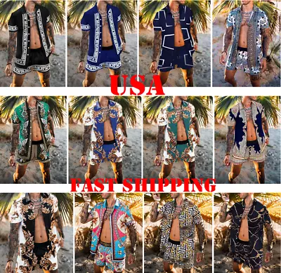 Button Up Shirt Men Fashion Beach Casual Party Outfit Drawstring Shorts SET 2PCS • $39.86