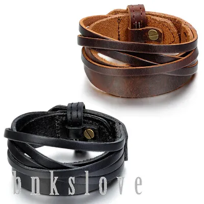 Mens Punk Rock Multilayer Leather Wrap Bracelet Wide Belt Cuff Wristband Bangle • $8.99