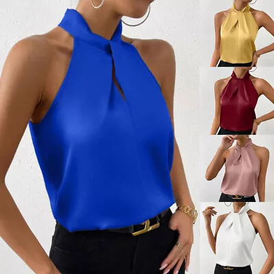 Womens Halter Neck Tank Tops Vest Ladies Sleeveless Casual Summer T-Shirt Tee UK • £8.92