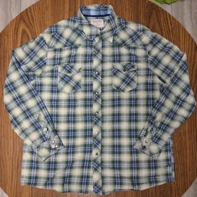 Madison Vintage Wash  Men's XL Snap Western Style Shirt Green Blue Plaid • $11.95