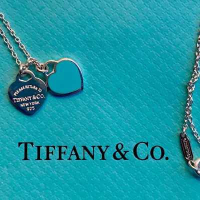 $189 • Buy Tiffany & Co. 925 Silver  Return To  Mini Double Heart Tag Blue Enamel Necklace