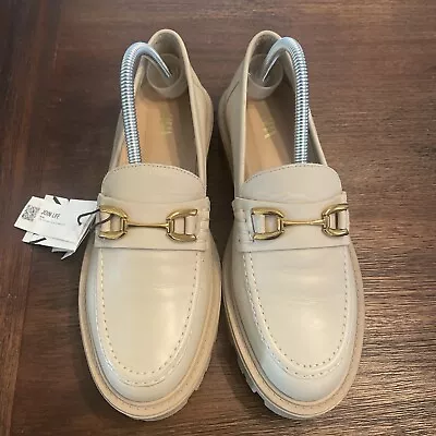 Zara Real Leather Chunky Lug Sole Leather Loafers Cream Beige Size 40 • $33.99