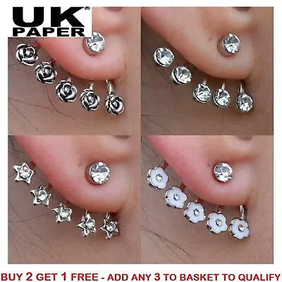New Silver Star Rose Flower Diamante Crystal Ear Cuff Cartilage Stud Earring Uk • £3.79