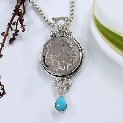 Ancient US Buffalo Nickel Coin 925 Silver Turquoise Drop Pendant Jewelry • £36.09