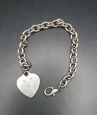 Vintage Silver Tone Link Bracelet With Heart M Charm 7.5  #375 • $6