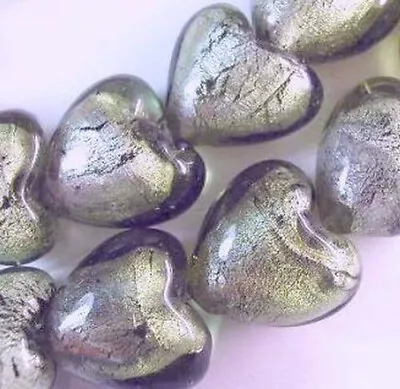 Murano ART GLASS Dichroic BEADS Large TAUPE Heart Shape LOOSE Silvery Beads • $6.90