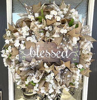 Blessed Magnolia & Cotton Deco Mesh Front Door Wreath Fall Summer Spring Decor • $155