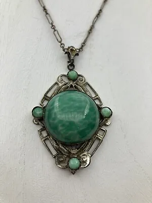 Art Deco Czech Green Jade Peking Glass Drops Pendant Brass Necklace Stunning • $74