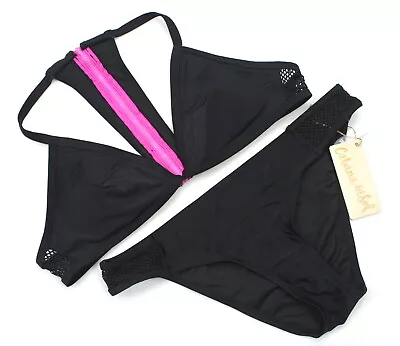 Cabana Del Sol XL Black Pink Mesh Zipper T Back Racerback Bikini Swimsuit NWT • $29.99