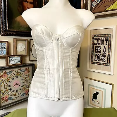 Vintage Frederick's Of Hollywood White Strapless Zip Front Lace Up Corset 34C • £23.35