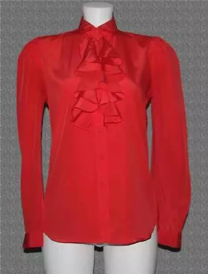 VTG JH Collectibles Red Double Ruffle Upper Front L/S Polyester Blouse Wm's 10 • $24.99