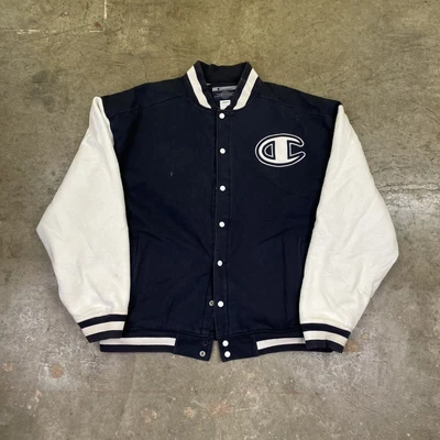 £29.99 • Buy Vintage CHAMPION Varsity Jacket College Spellout Snap Button Navy Men’s 3XL