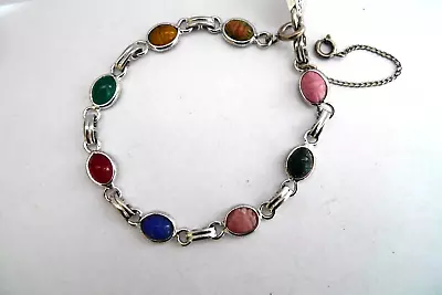 Vintage Sterling Silver Van Dell 8 Multi Gemstones Carved Scarab Bracelet 925 • $56