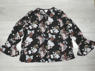 £2.99 • Buy Carolina Belle Womens Voile Shirt Blouse Flowers On Black Asymmetrical Hem  XL