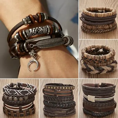 5/6pcs Mens Punk Leather Wrap Braided Bracelet Wristband Bangle Cuff Women Men • $2.87