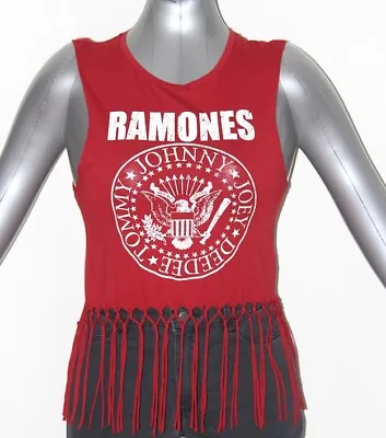 Women's Ramones Licensed Sleeveless Fringe Top Red H&M Divided Hippie Gypsy Boho • £18.59