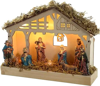 Christmas Wooden Nativity Scene Battery Operated 26 Cm Xmas With Warm White LEDs • £14.99