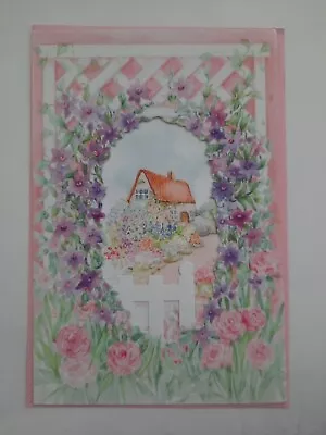 Vintage Greeting Card With Envelope Special Cut Floral Landscape Garden House  • $7.51