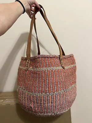 Vintage Woven Raffia Bucket Tooled Leather Handles Sisal Market Jute Tote Bag • $40