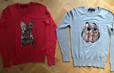 £15 • Buy 2x French Connection Glitter Jumper French Bulldog & Owl Grey Red Size S 10