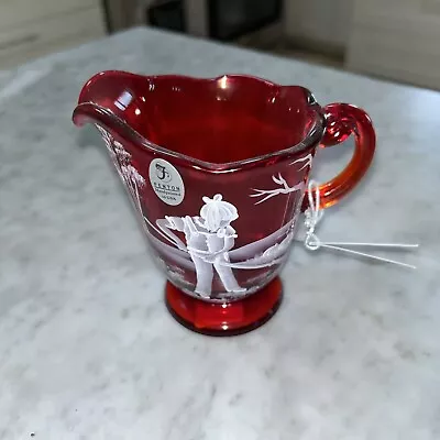 Fenton Ruby Red Cream Pitcher  Mary Gregory HP Girl Racking Leaves • $136.71