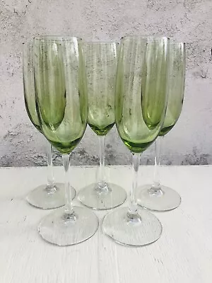 $36 • Buy Set Of 5 Champagne Glasses Vintage Mid Century Green Beautiful Flutes 8oz  