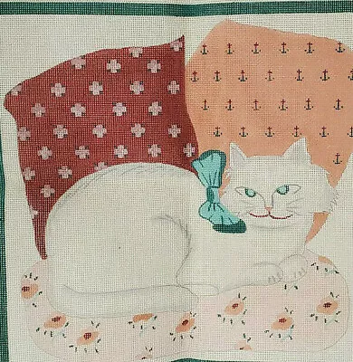 Cat With Blue Eyes Handpainted Needlepoint Canvas By Mindy  • $18.50