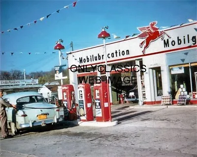 1953 Mobil Oil Gas Pump Station 8x10 Photo Pegasus Sign Vintage Car Onalaska Wi • $14.41