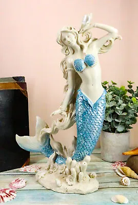 Ebros Aqua Blue Tailed Mermaid Listening To Sconce Figurine 12 H Ocean Goddess • $35.99