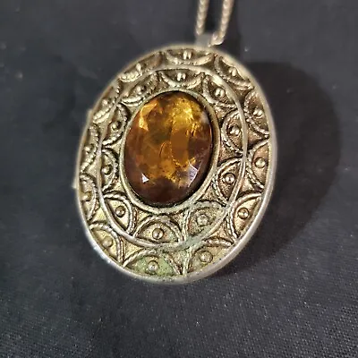 Vintage AVON Perfume Locket Necklace Brooch With Amber Colored Stone Center • $12.75