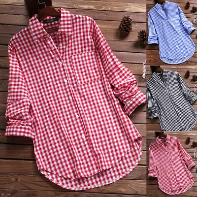 Plus Size Womens Ladies Long Sleeve Check Plaid Loose Casual Shirt Tops Blouse • £13.99