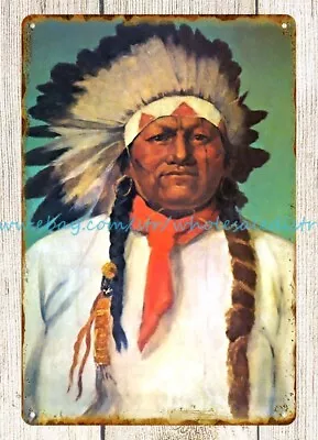 1900s Indian Chief White Eagle Charles Schreyvogel Western Art Native Tin Sign • $18.97