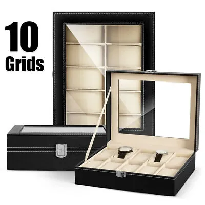 10 Grid Watch Box For Men Luxury Display Case Organizer Jewelry Storage Holder • £9.97
