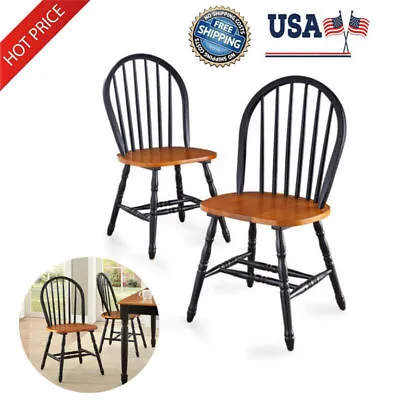 Wooden Dining Chairs Home Kitchen Farmhouse Furniture Black Oak Wood Set Of 2 • $148.50